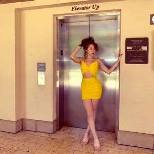 “Lemon Drop” Dress (Yellow fitted nightwear dress abdomen cutout sexy)